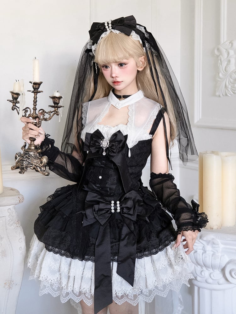 Bows White Dress Black Decorated Gothic Skirt Lolita Tiered and