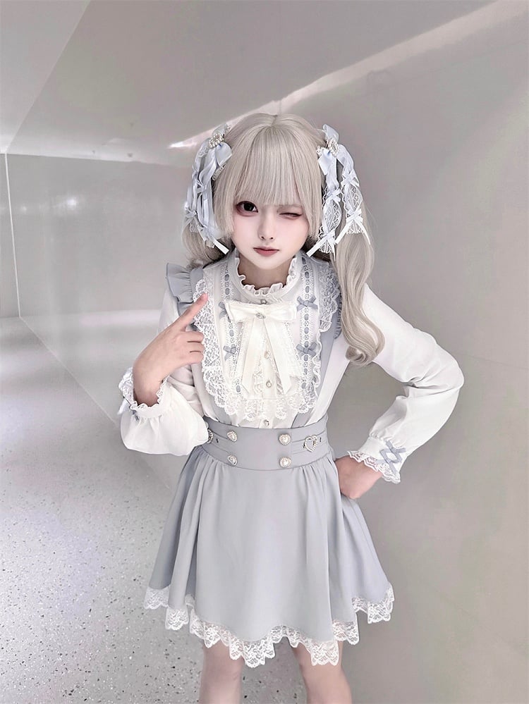 Decorative Dusty Dress and Buckles Beaded Buttons Kei Flutter Heart Jirai Overall Blue Sleeve with