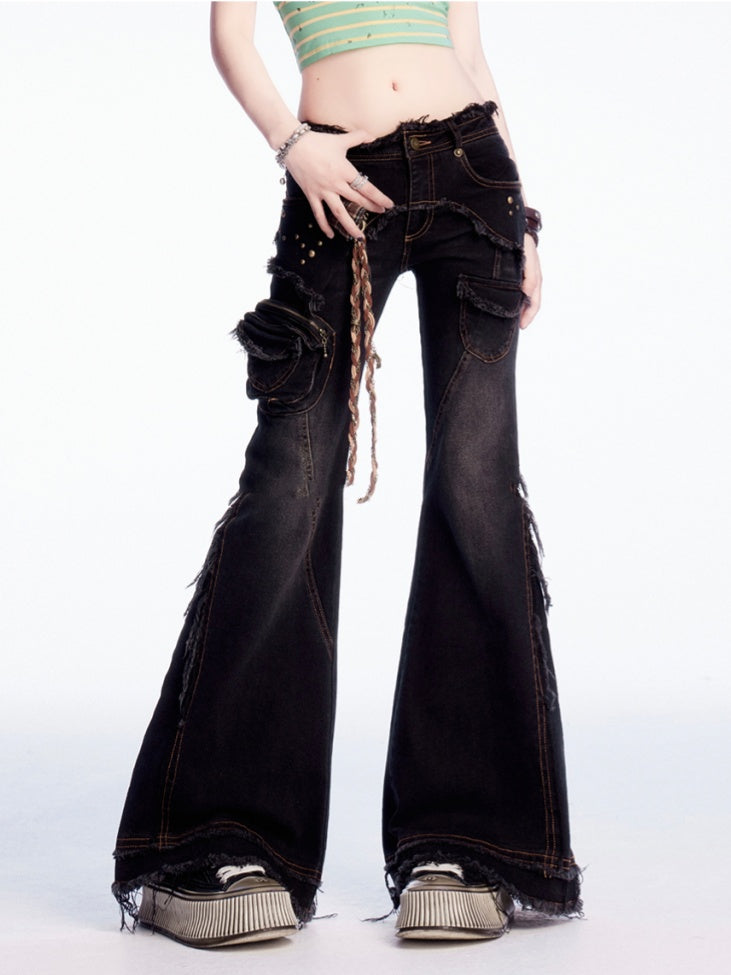 Black Low Waist Raw Hem Vintage Flared Cargo Jeans