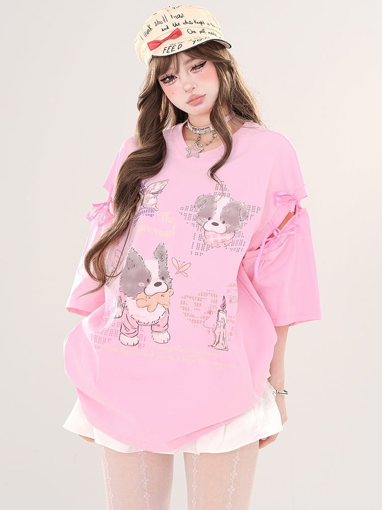 Rosa/Aprikose – T-Shirt mit Cartoon-Welpen und Cut-out-Ärmeln zum Binden
