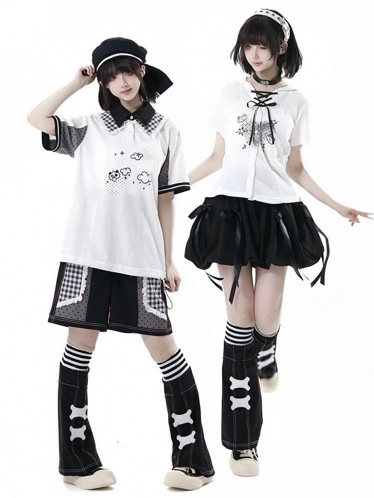 White Frog Lace-up Neckline Front Button Placket T-shirt Cute Print Hooded Waffle