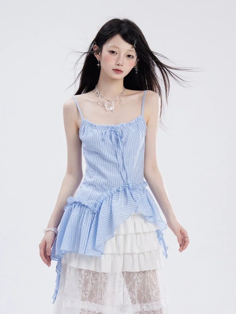 Cami Top Blue Striped Pattern Asymmetrical Hem