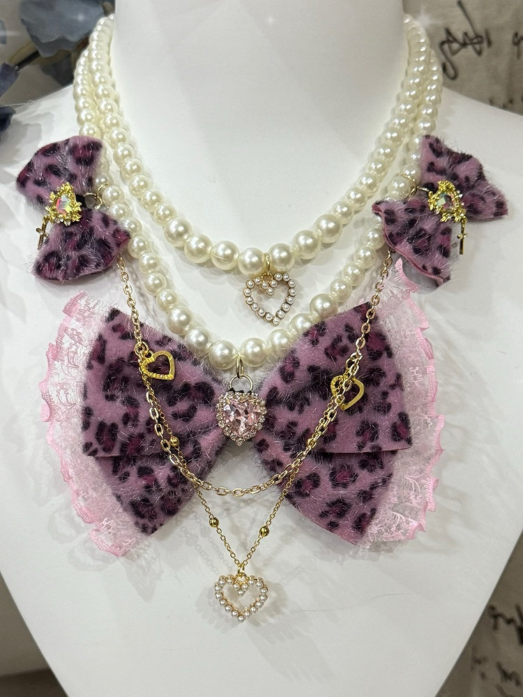 Rhinestone Color Pendant Options Heart 4 Beaded Pattern And Bowknot Leopard Necklace