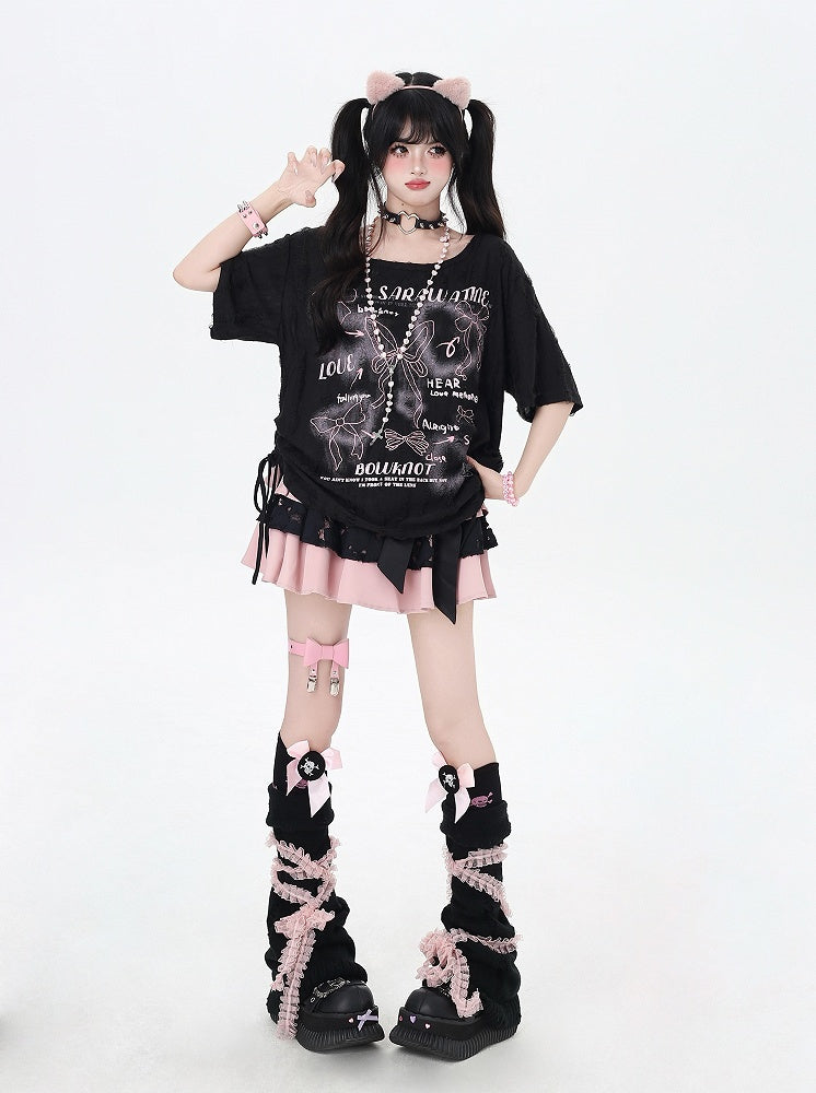 Black/White Drawstring Side Bowknots Print T-Shirt with Free Scarf