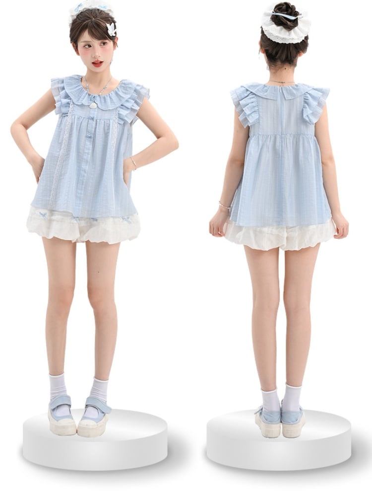 Sweet Tank Top Blue Peter Pan Collar Tiered Flutter Sleeves Bow Buttons