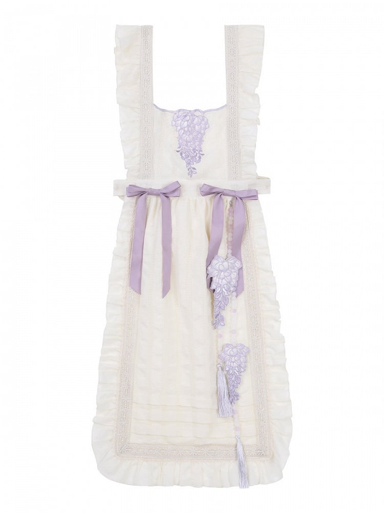 Beige Print Charm Kleid Quaste Lolita Han Schürze Floral Wisteria Lila + Perlen mit