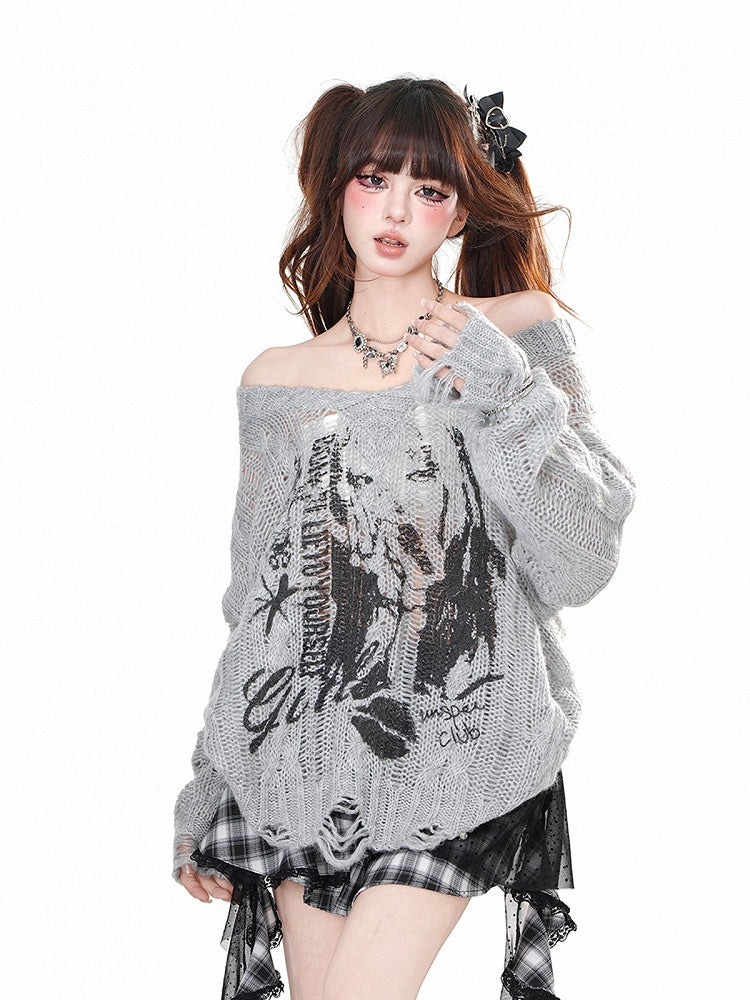 White/Gray Off-the-shoulder Neckline Distressed Holes Graphic Knitted Top
