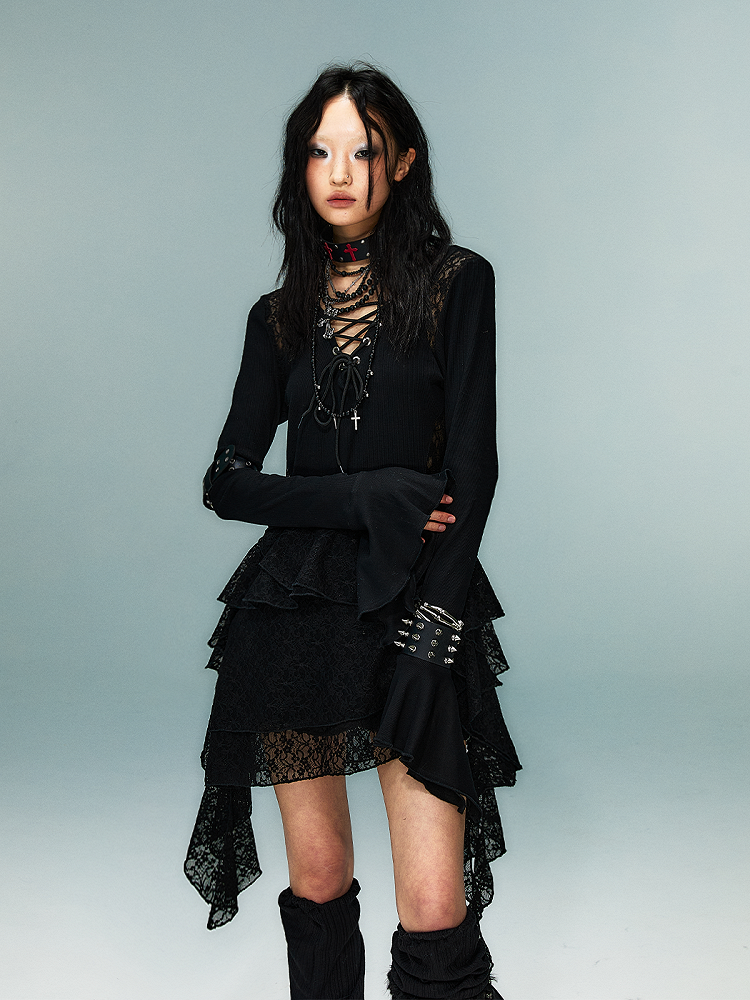 Knit Dress with Lace Accents Sleeve Hem Black Gothic Punk Bell Handkerchief