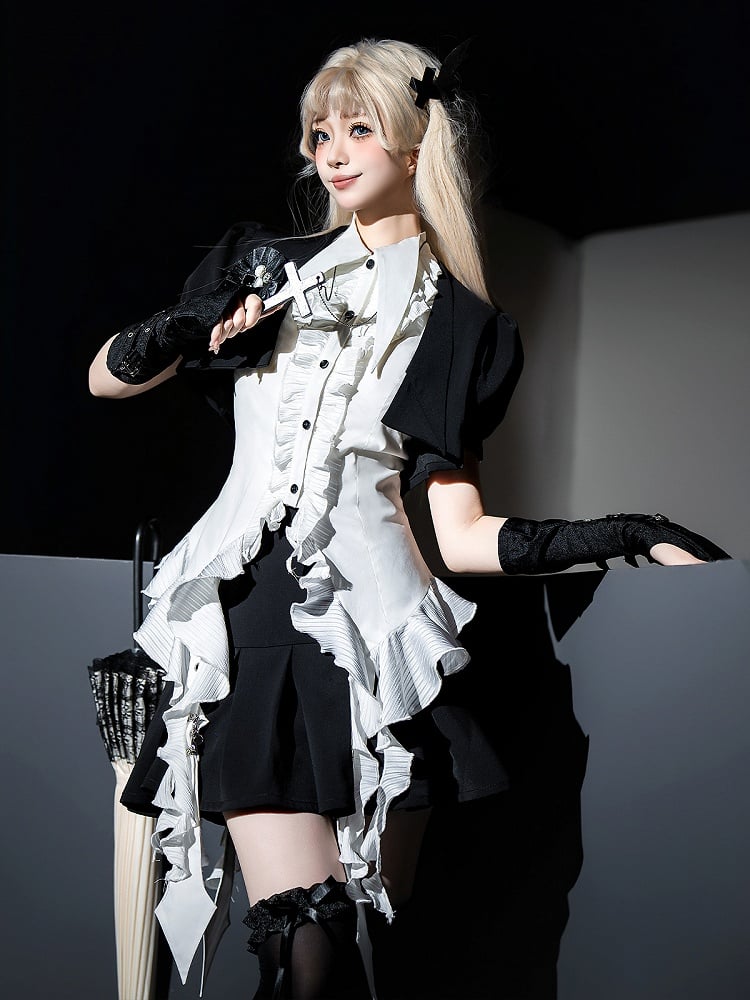 Cropped and Gothic Shirt Sleeveless White Lolita Set Black Full - Top Skirt +