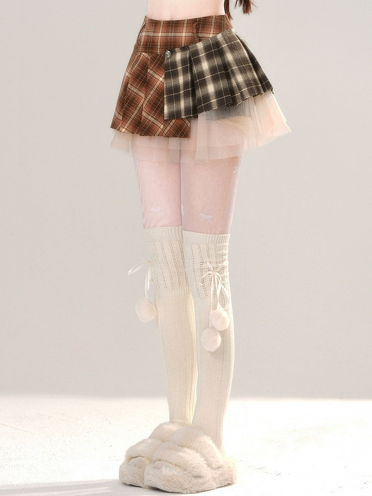 Brown Pleated Mini Plaid Patchwork Skirt Design Mesh