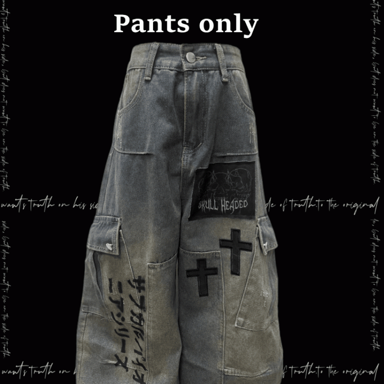 Jeans Blue Cross Applique Wasteland Punk Distressed Weites Bein Cargo