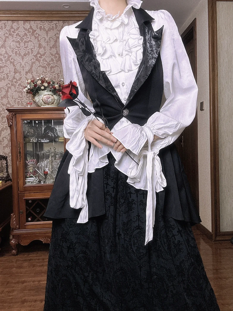 Lolita Shirt Full Black and White Gothic Skirt Waistcoat Set Long Sleeves Elegant + -