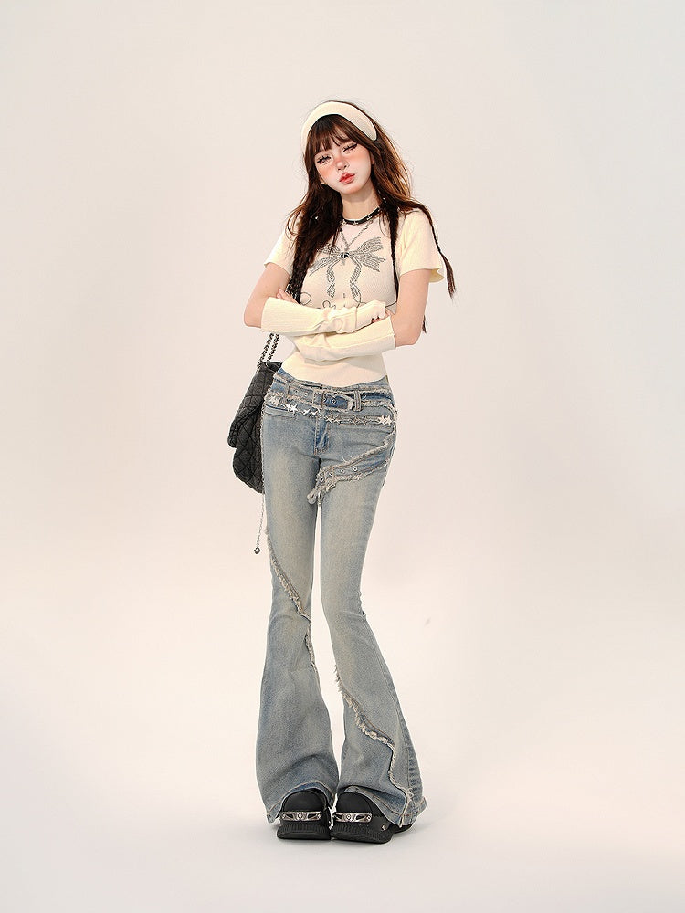 Blue Flare Jeans with Frayed Hem and Built-in Belt