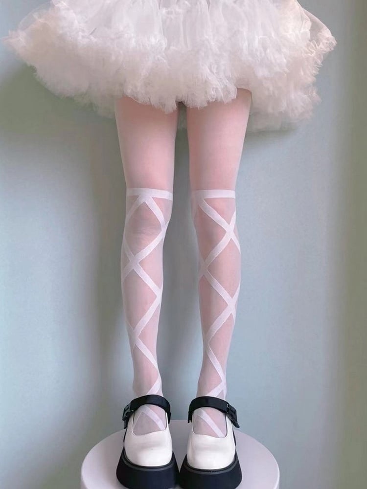 Black/White Lolita Pantyhose Semi-sheer Banded Crisscorss Print