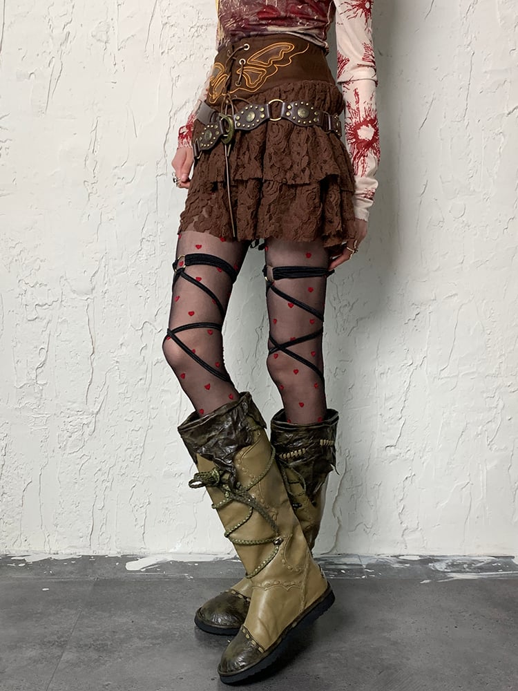 Red Black Heart Pattern Y2K Tights