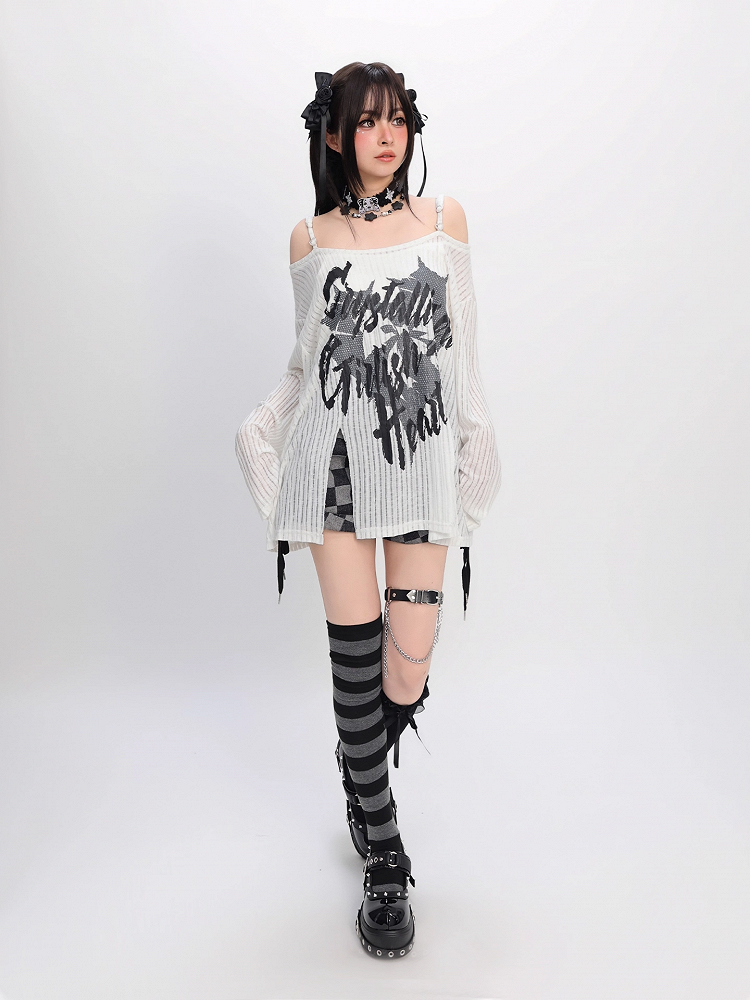 Y2K Slit Black/White Off-the-shoulder Graphic Hem Neckline Coverup