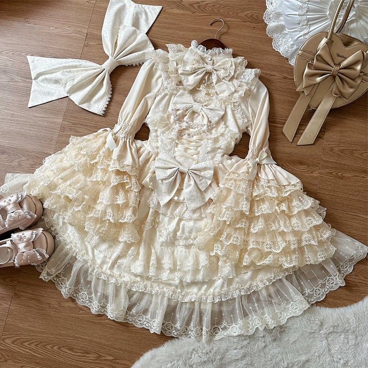 White Dress Hanayome Lolita Jumper Bows Skirt Decorated Lace Apricot Trims