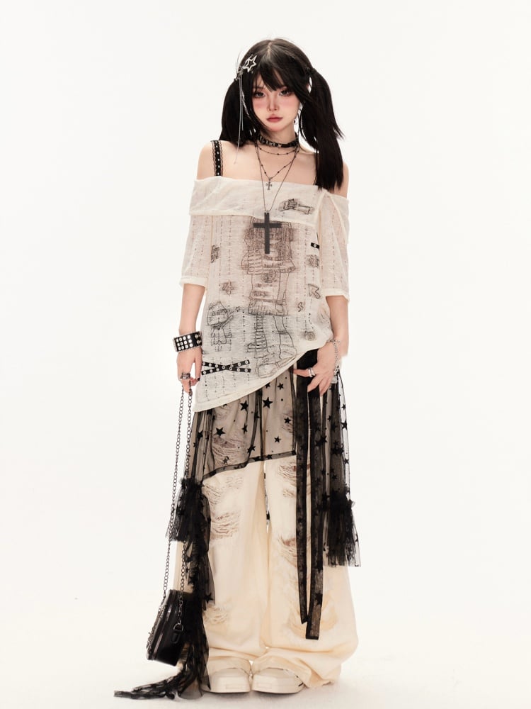 Apricot/Black Off-the-shoulder Criss-Cross Straps Cartoon Girl Print Coverup