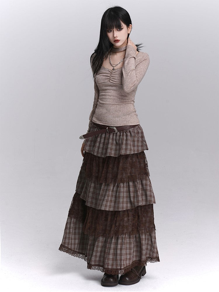 Side Lace Skirt Layers with Zipper Tiered Maxi Coffee Plaid