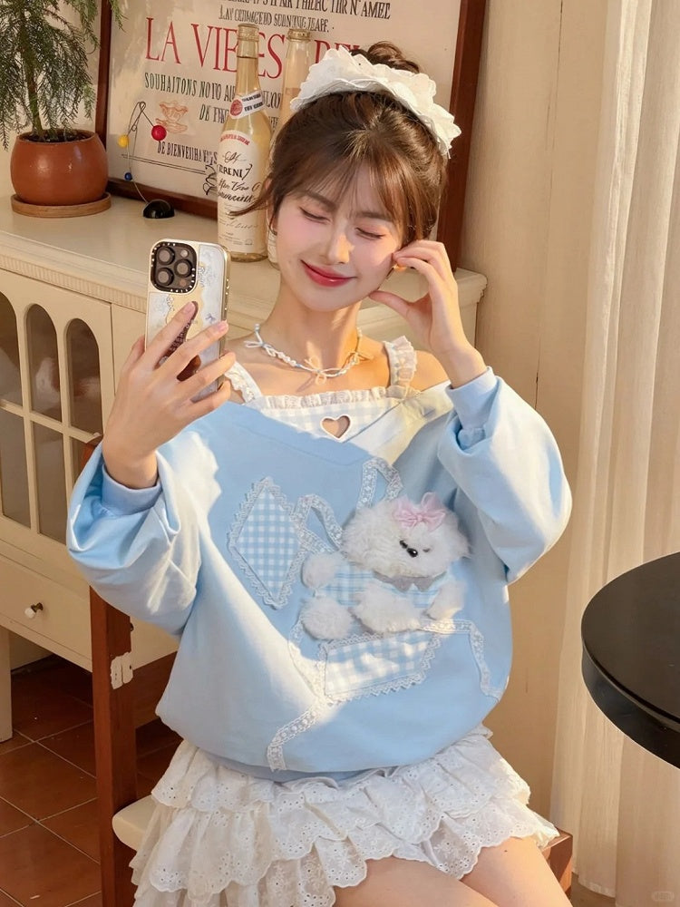 Cutout Shoulder Top Faux Plush Puppy Lace Embellished Blue Plaid Two-pieces