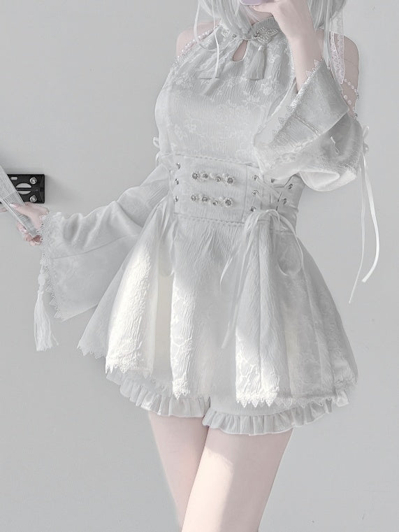 Jirai Kei White Jacquard Cheongsam with Set Detacable Collar Waist Chain+Lace-up Top Beaded Shorts