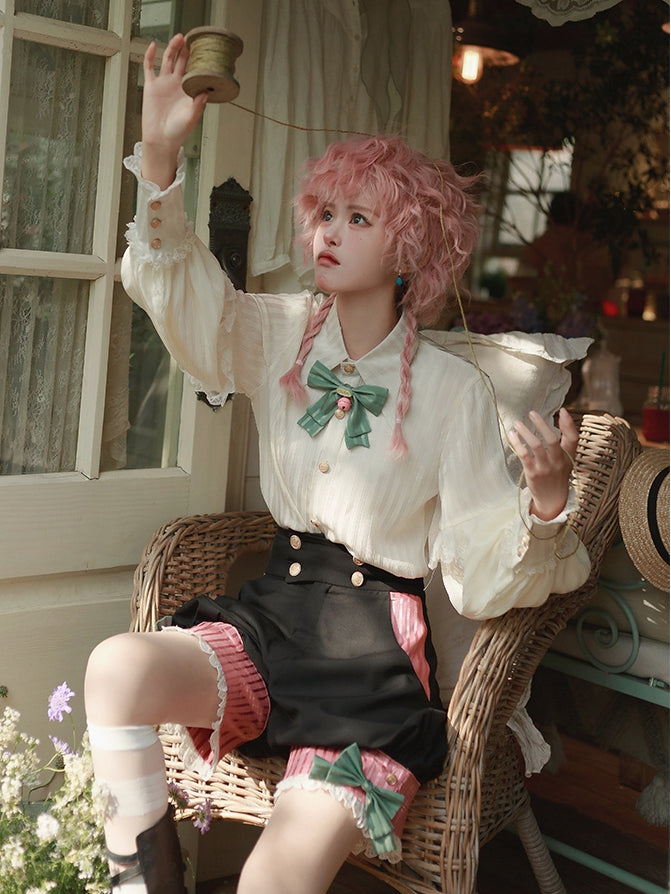 Hemd Foldover Spitz Ouji Kragen Lolita Ärmel Lange Creme