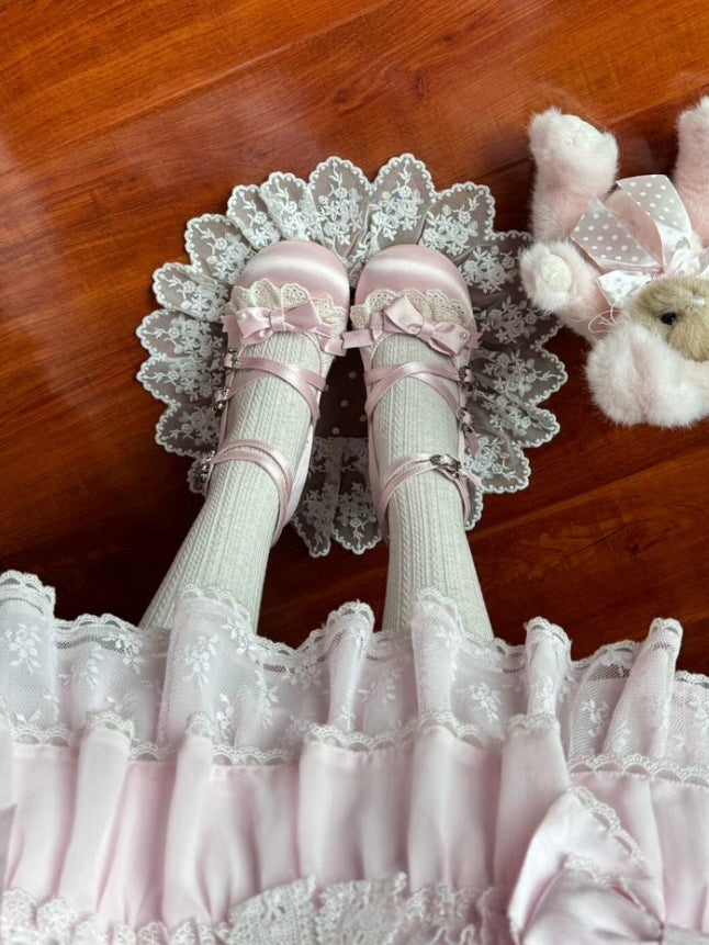 Bow Accents Lolita Sweet with Trim Wedge Crisscross Heels Lace Straps - Satin Pink