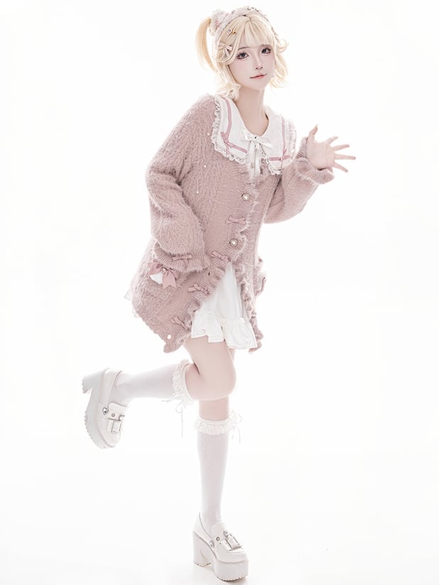 Jirai Kei – Weiche Strickjacke im Landminenstil mit staubigem Rosa und Schleifenakzenten