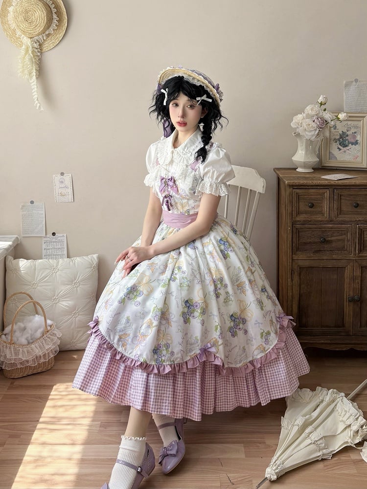 Hemline Gingham Dress Blueberry Lolita and Ice Cream Purple Print