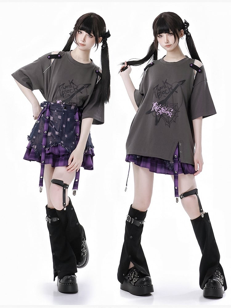 Purple Y2K Dye Denim Skirt Tie Plaid Hem Distressed Holes