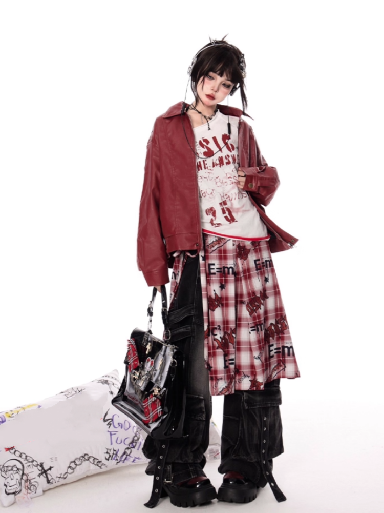 Red PU Leather Zip-up Jacket for Vintage Autumn