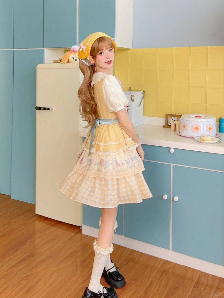 Strawberry Cake Embroidery Bow Creamy Yellow Tiered Lolita Dress Sweet Skirt Big