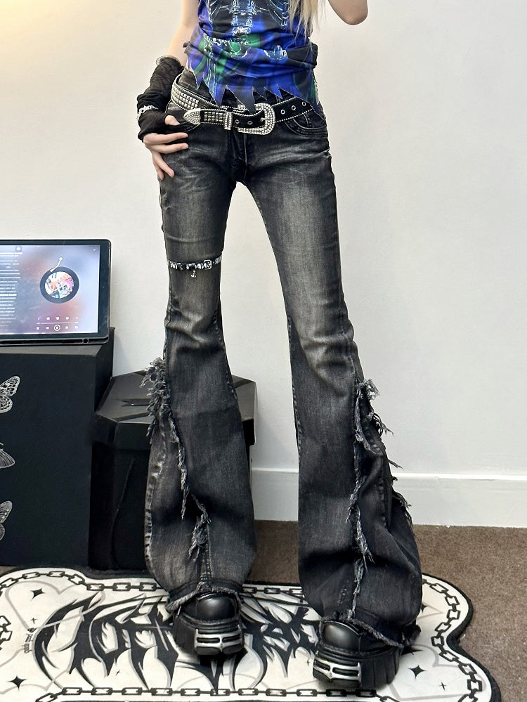 Cuffs- Slim Fit Raw Vintage Blue/Black Low Waist Flared and Jeans with Frayed
