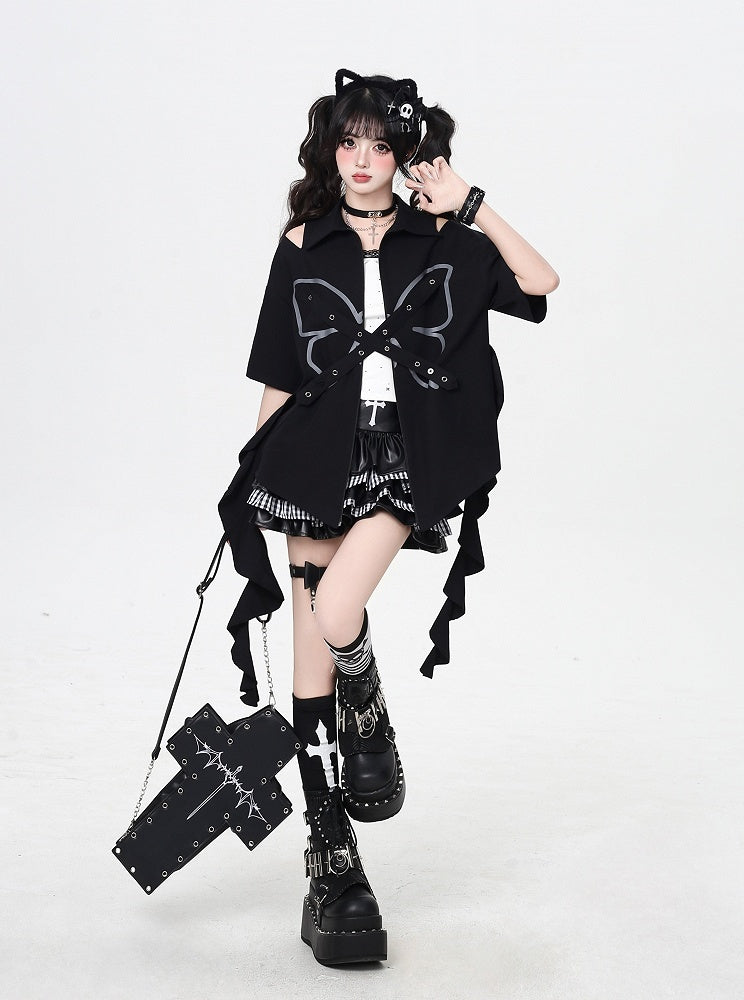 Cascading Ruffles Black Cutout Shoulder Butterfly with Criss-cross Design Zip-up Shirt