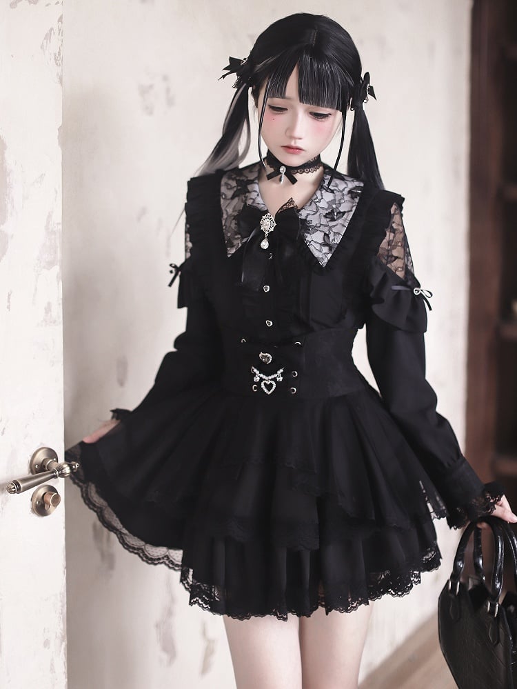 - Shoulders Blouse Kei Jirai Collar Black Lace-Cutout Pointed Gothic Style with
