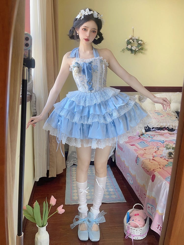 Neck Boned + Ruffle Corset Halter Blue Top Skirt Tiered Balletcore