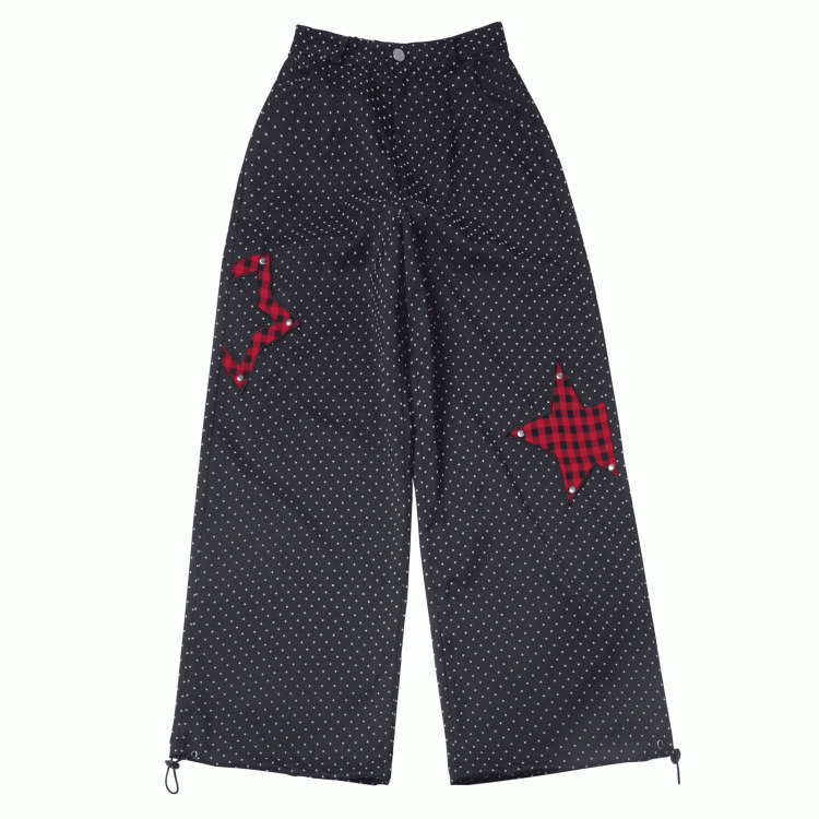 Cuffs Dot Casual Pants Red Plaid Star Applique Drawstring Black Polka