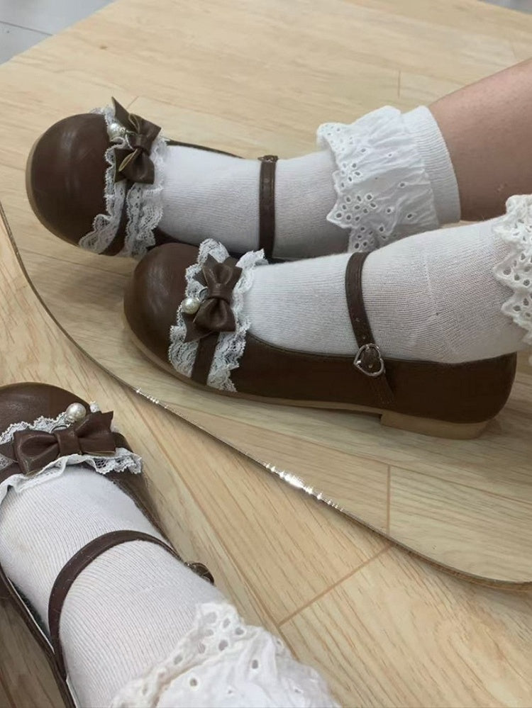 Round Janes with Lolita Charm Toe Buckle Sweet Trim - Heel Heart Bead 1cm/3.5cm Brown Bow Mary PU Lace