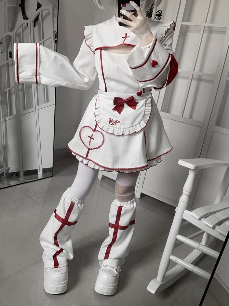 Maid Set: Halloween-themed Embroidery Buttons Cross Heart White Red Dress with + Kawaii Shorts Yami