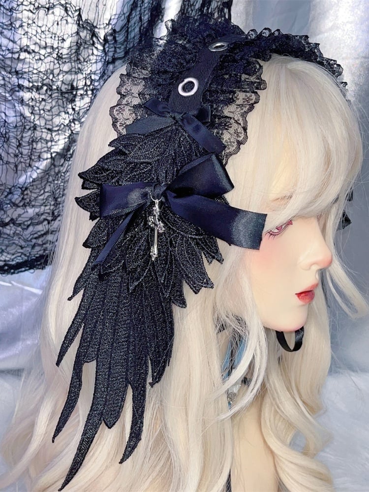 Black/White Cross Wing Lace Trim Gothic Lolita Hairband