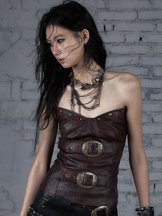 Bustier-Schnallenverziertes Punk-Top Rot/Braun Wasteland PU