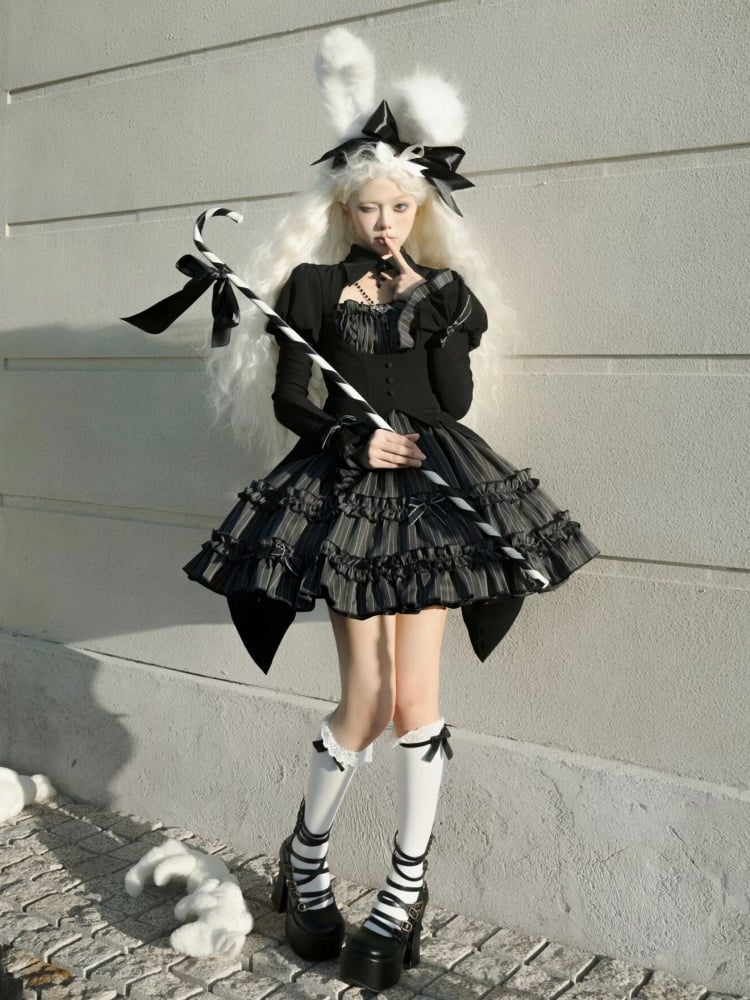 Black and Gray Fake Two-piece Bolero Top Dark Gothic Lolita Striped Dress