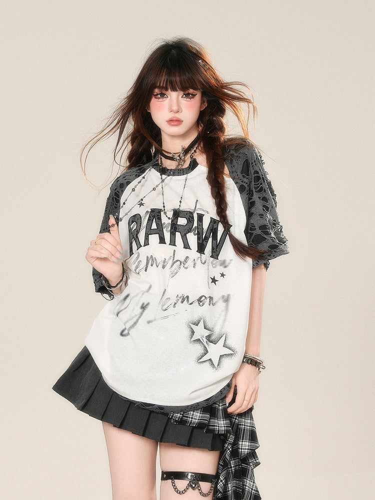 Design Distressed Holes and Black White Colorblock Embroidered T-Shirt