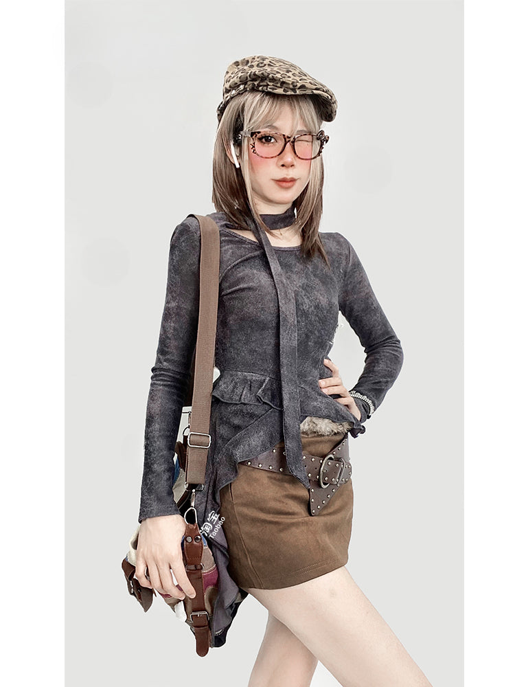 Black Asymmetrical Flounce Hem Top with a Scarf
