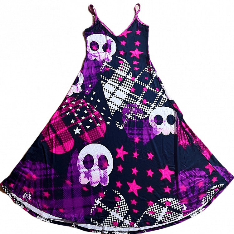 Kuro Kawaii Black Skeleton and Star Print Cami Dress Plaid Heart Pattern