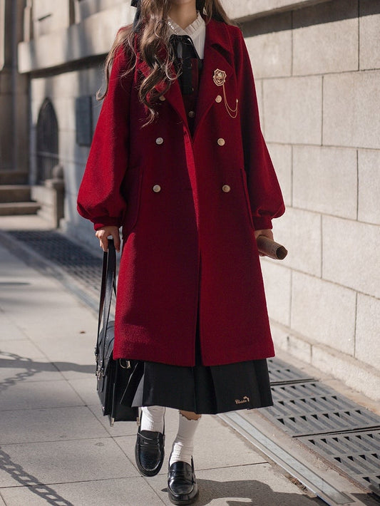 Red Notched Collar Double Breasted Long Woolen Coat