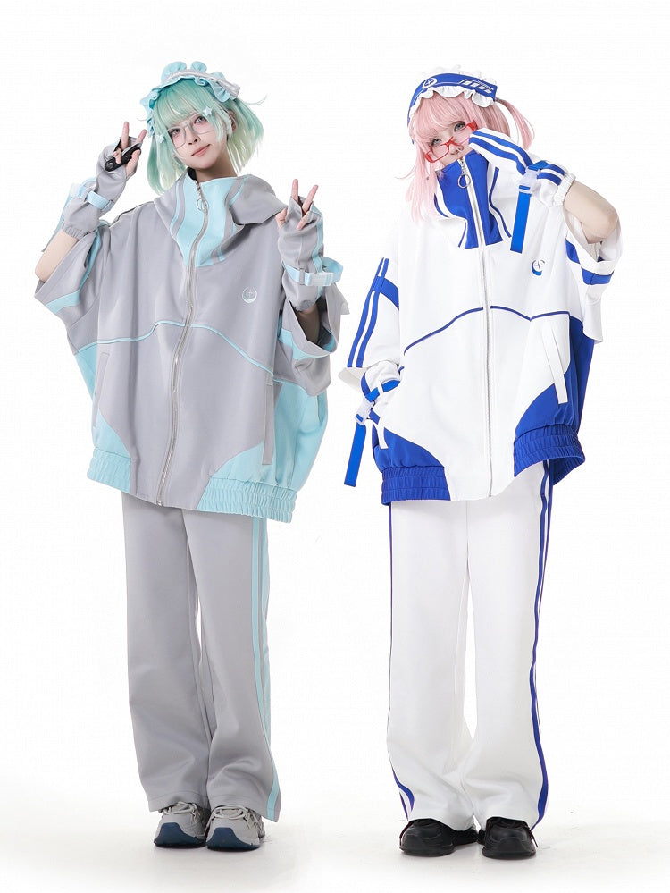 and Green Stripes Jirai Kei Sweatpants Gray