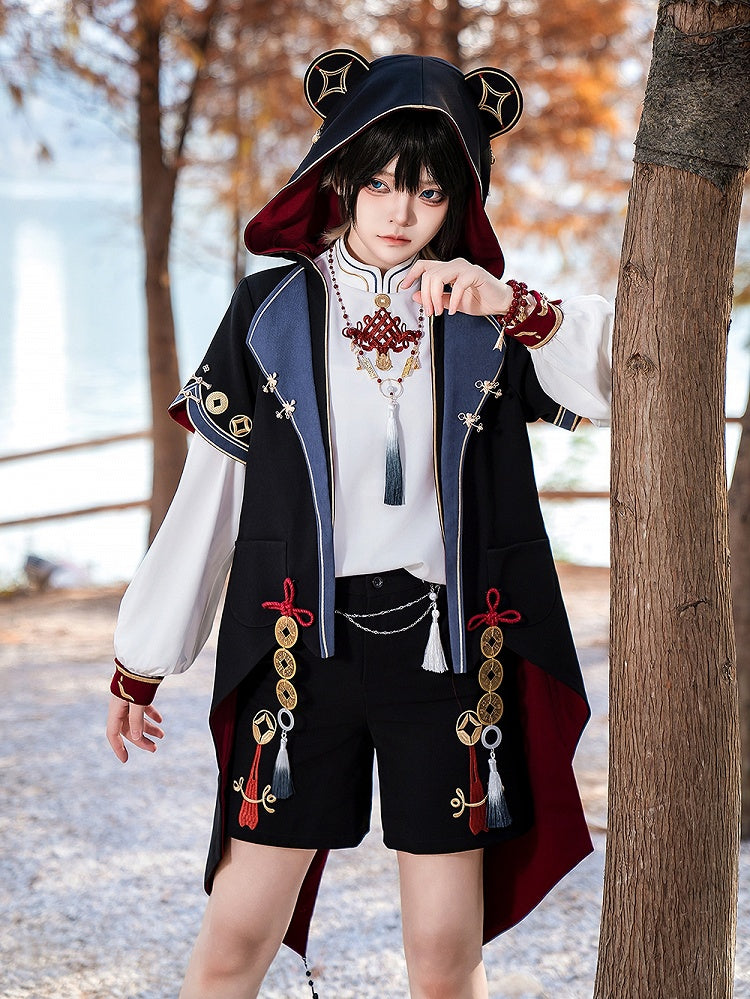 Manteau à capuche en ouji noir avec pièces de cuivre et oreilles de panda