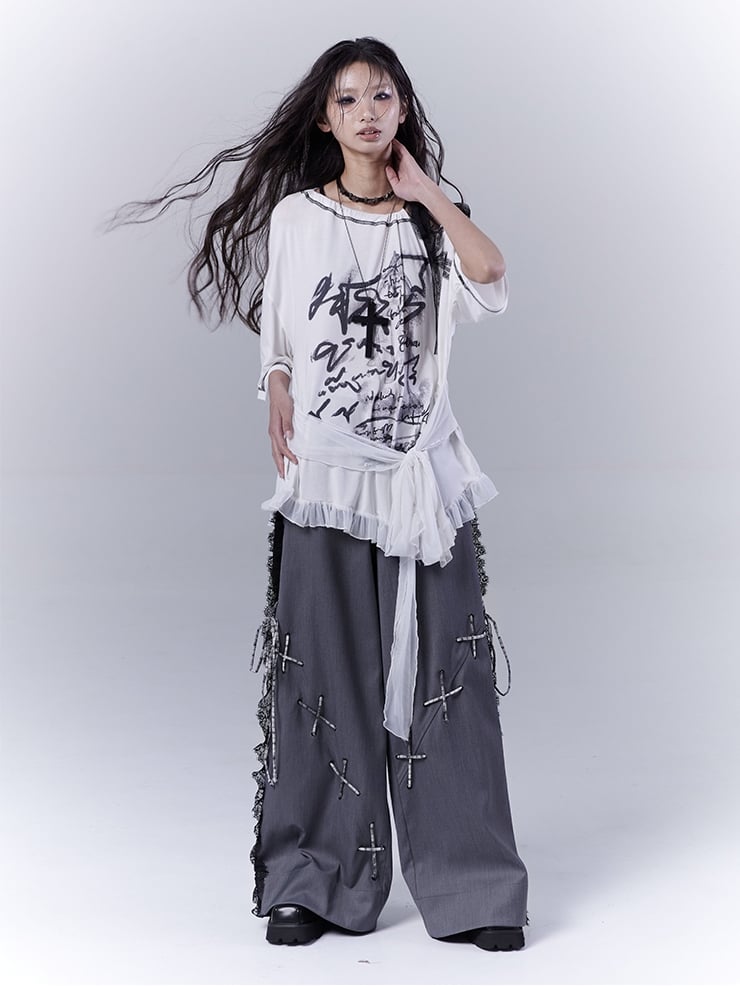 Dark Gray Lace Patches Lace-up with Casual Pants Details Side