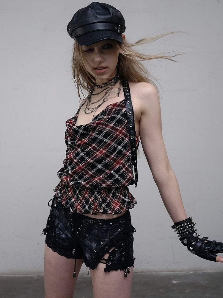 Punk Wasteland Halter Top Neck Neckline Trim Pattern BlackRed Glamorous Plaid Ruffles Cowl